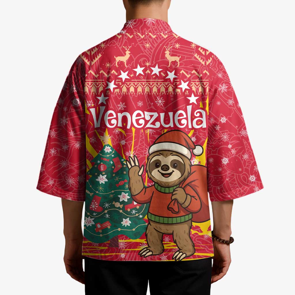 Venezuela Christmas Kimono with Santa Sloth Christmas Tree Stars and Red Festive - Wonder Print Shop