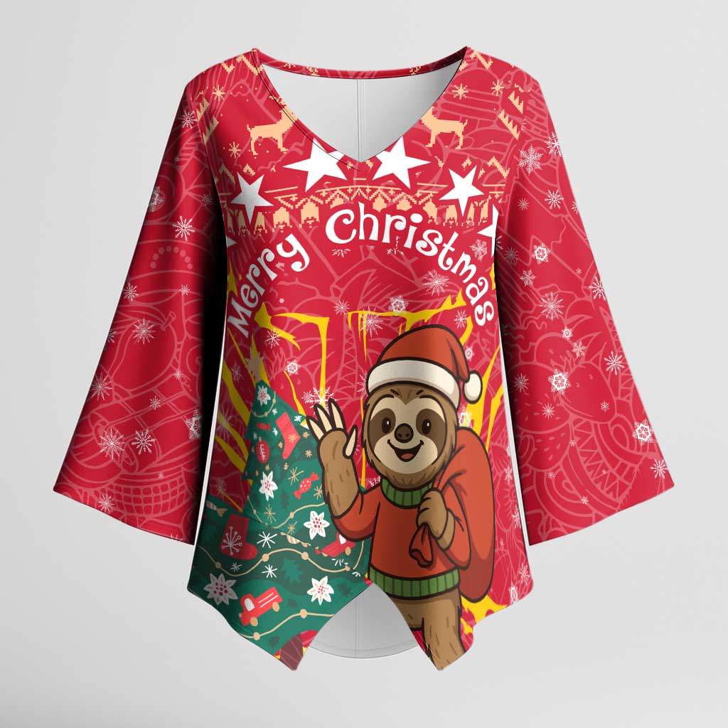 Venezuela Christmas Kimono Sleeve Blouse with Santa Sloth Christmas Tree Stars and Red Festive - Wonder Print Shop