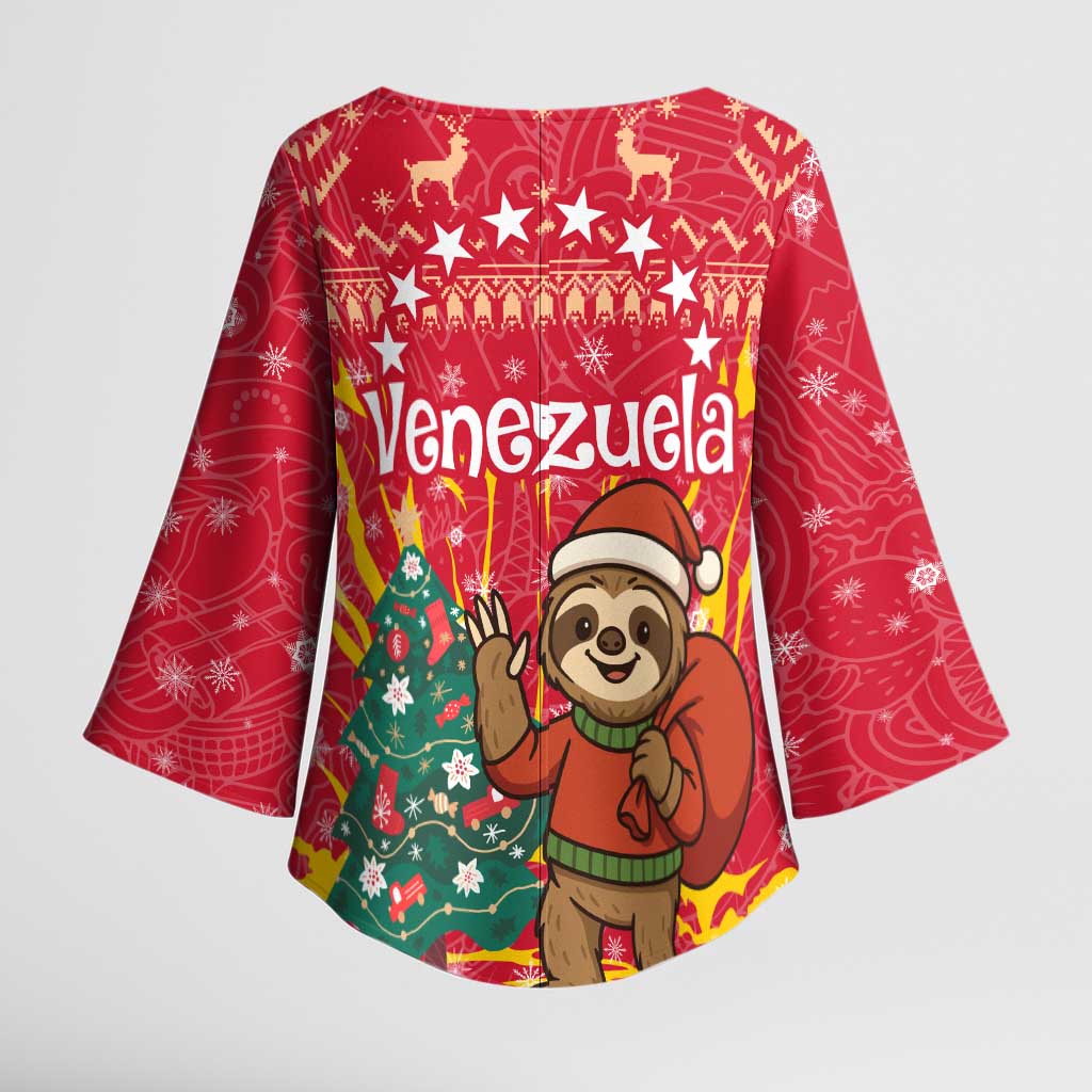 Venezuela Christmas Kimono Sleeve Blouse with Santa Sloth Christmas Tree Stars and Red Festive - Wonder Print Shop
