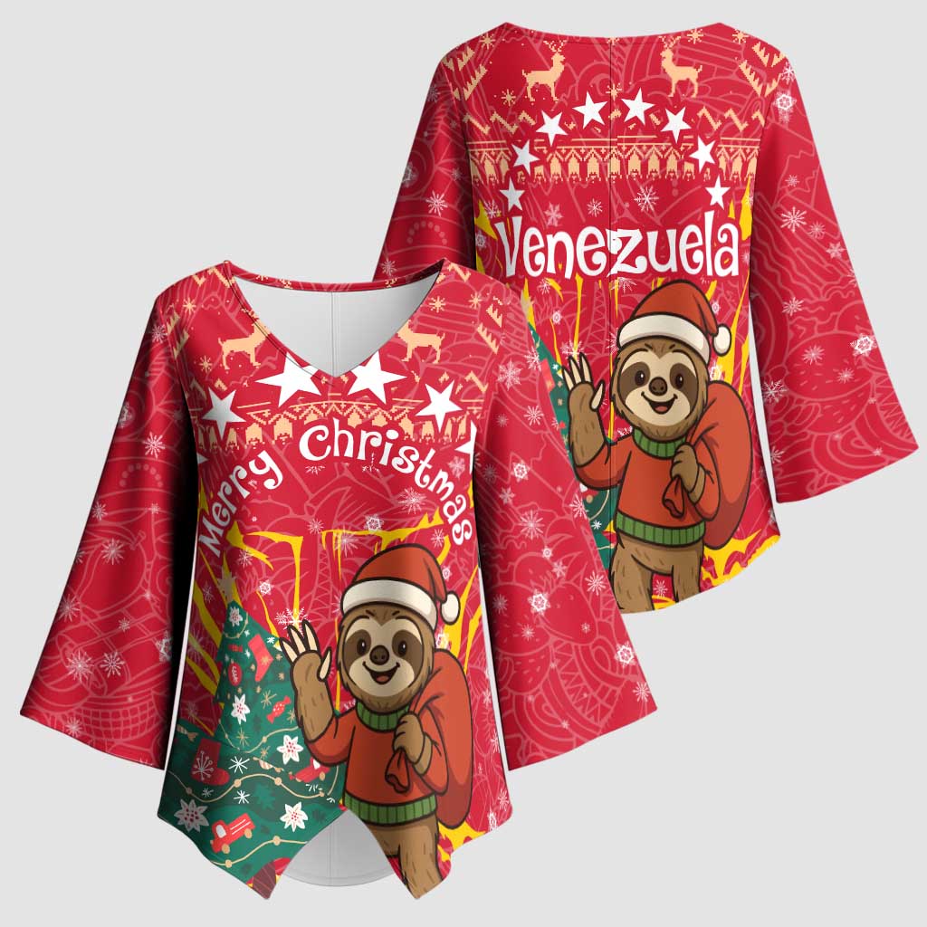 Venezuela Christmas Kimono Sleeve Blouse with Santa Sloth Christmas Tree Stars and Red Festive - Wonder Print Shop