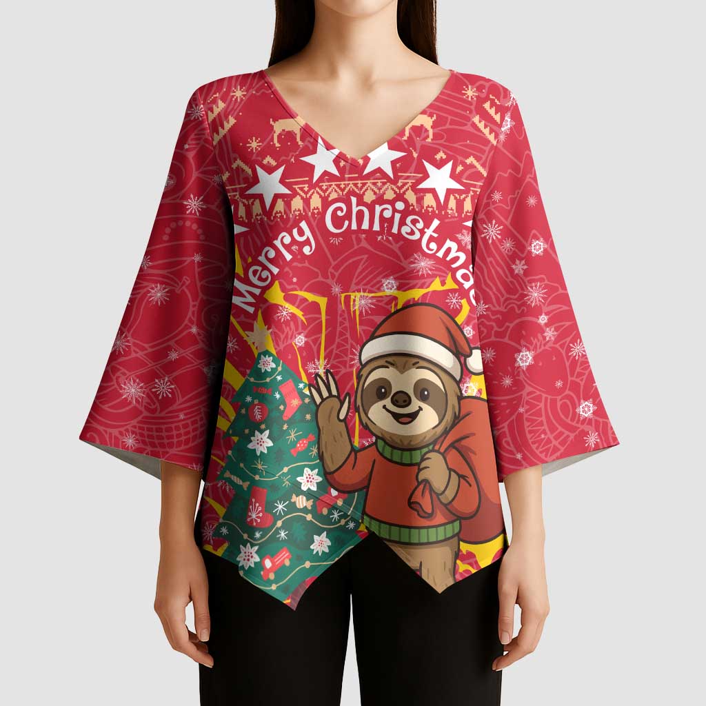Venezuela Christmas Kimono Sleeve Blouse with Santa Sloth Christmas Tree Stars and Red Festive - Wonder Print Shop