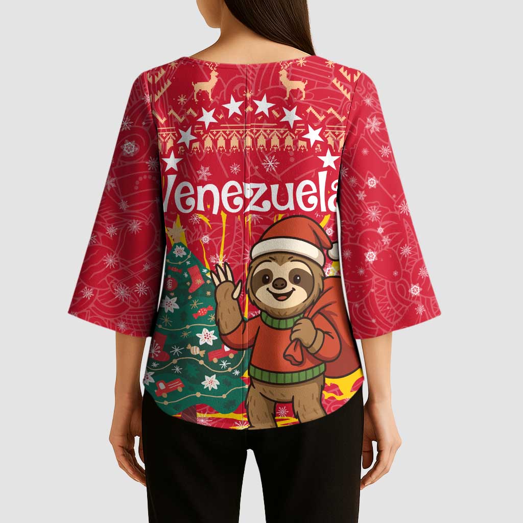 Venezuela Christmas Kimono Sleeve Blouse with Santa Sloth Christmas Tree Stars and Red Festive - Wonder Print Shop