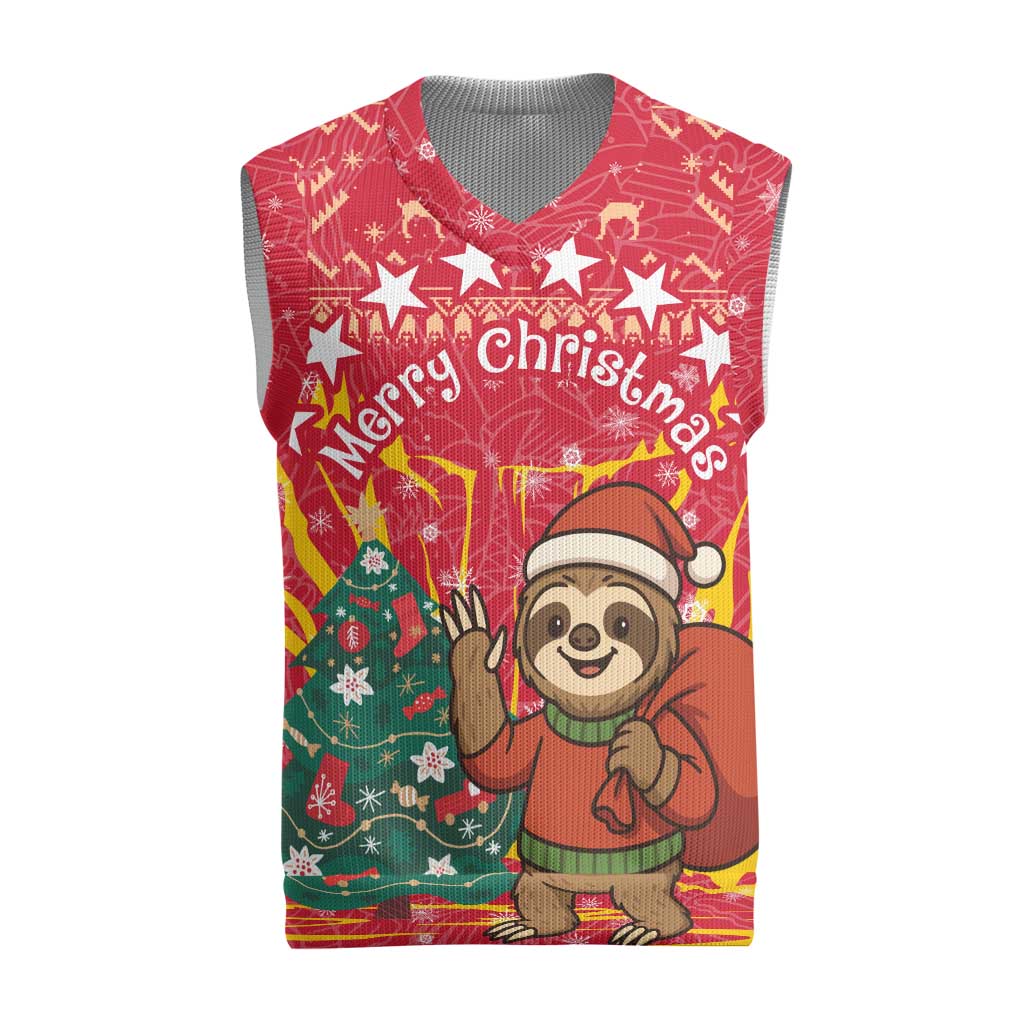 Venezuela Christmas Knitted V-Neck Vest with Santa Sloth Christmas Tree Stars and Red Festive - Wonder Print Shop
