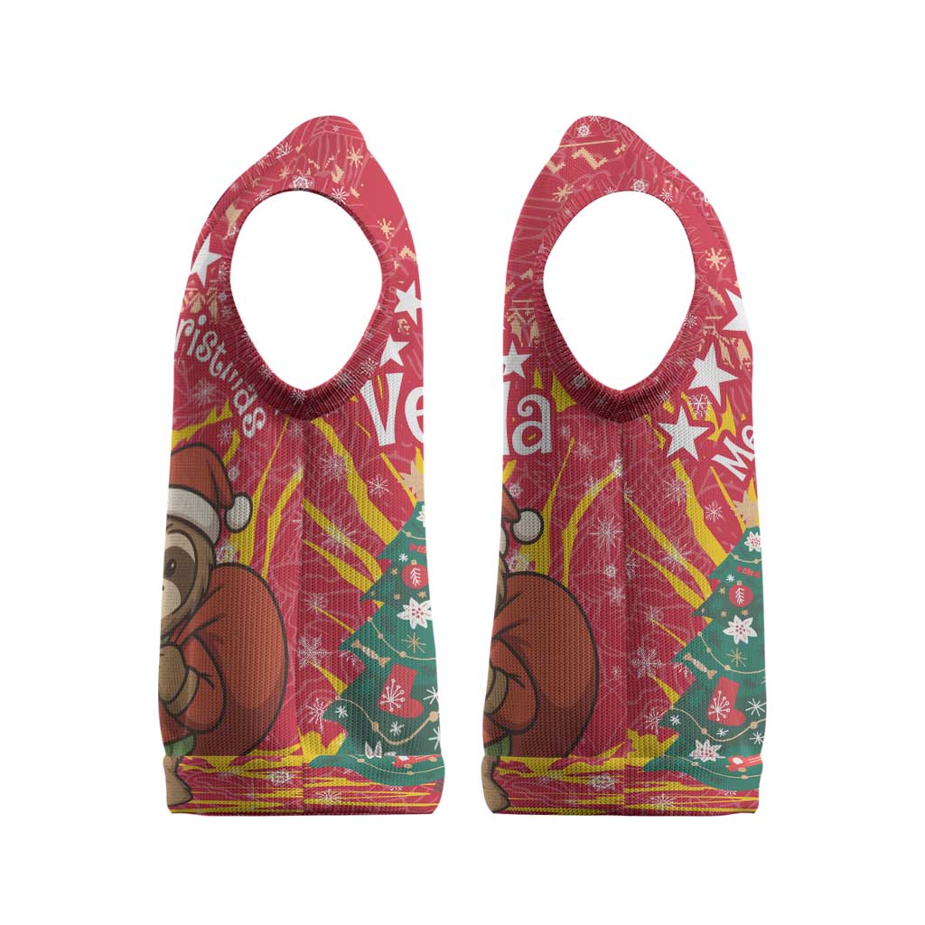 Venezuela Christmas Knitted V-Neck Vest with Santa Sloth Christmas Tree Stars and Red Festive - Wonder Print Shop