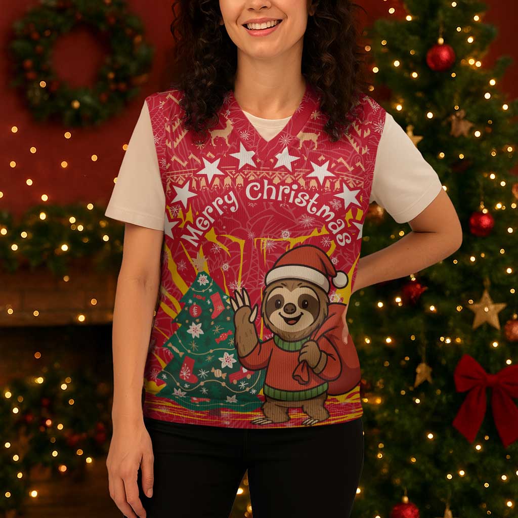 Venezuela Christmas Knitted V-Neck Vest with Santa Sloth Christmas Tree Stars and Red Festive - Wonder Print Shop