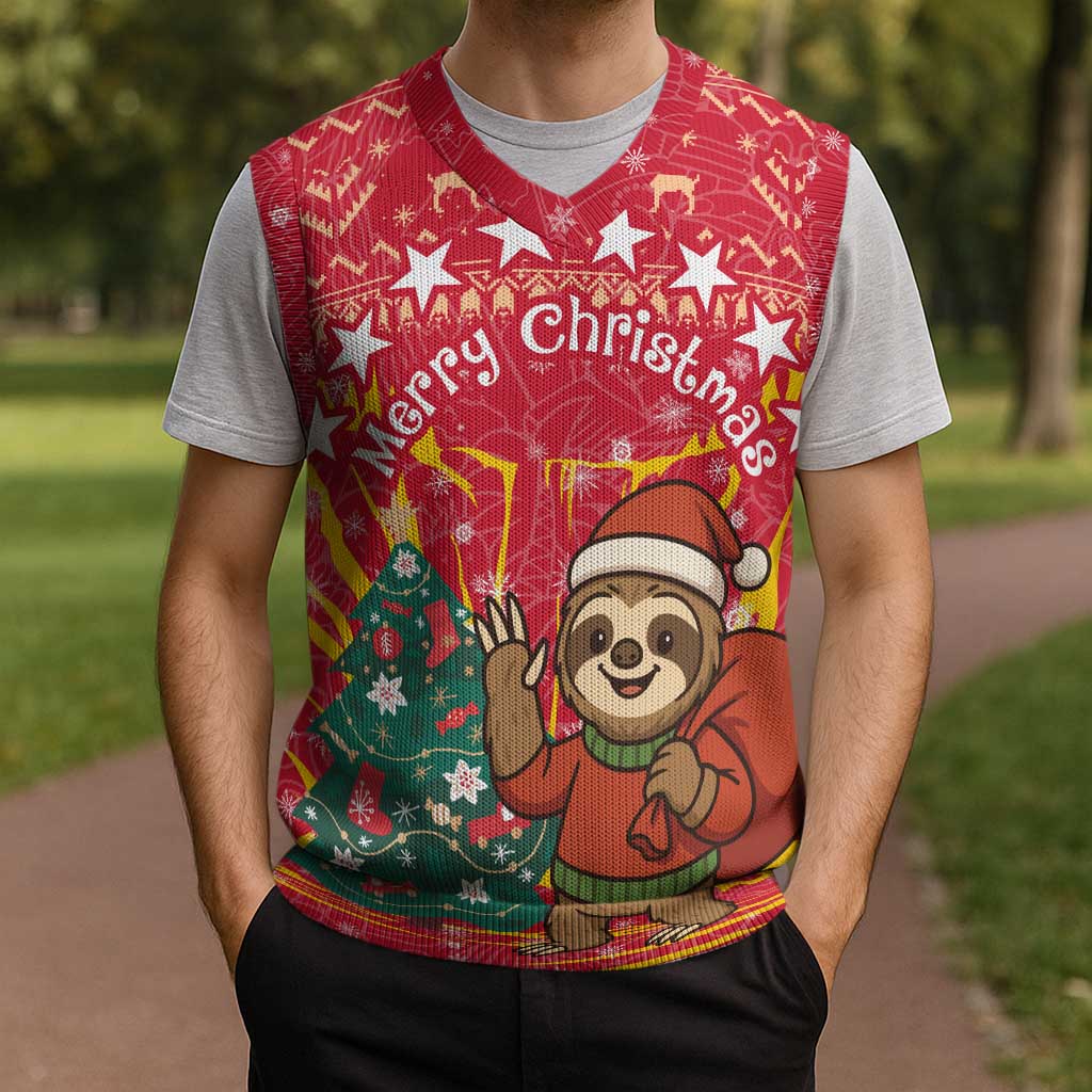 Venezuela Christmas Knitted V-Neck Vest with Santa Sloth Christmas Tree Stars and Red Festive - Wonder Print Shop