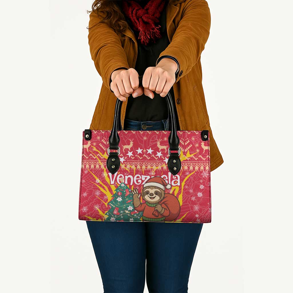 Venezuela Christmas Leather Bag with Santa Sloth Christmas Tree Stars and Red Festive - Wonder Print Shop