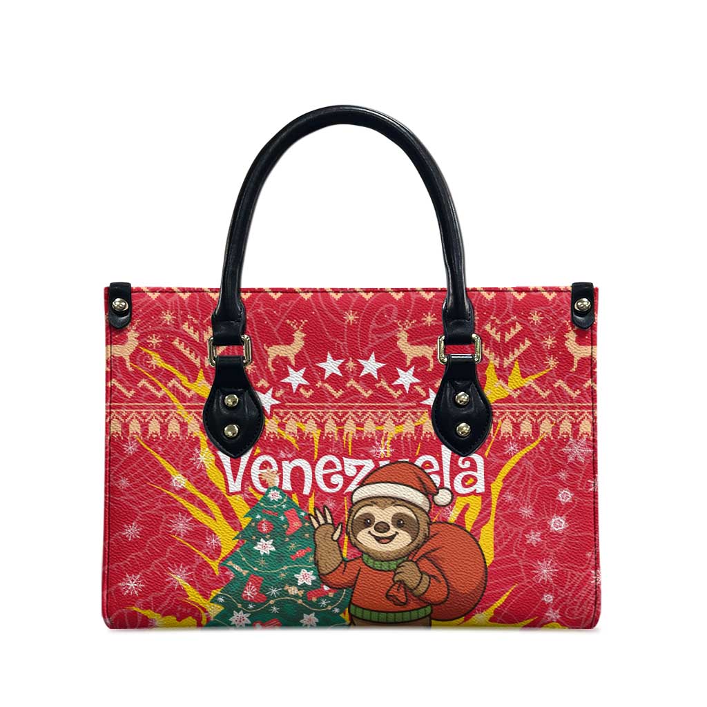 Venezuela Christmas Leather Bag with Santa Sloth Christmas Tree Stars and Red Festive - Wonder Print Shop