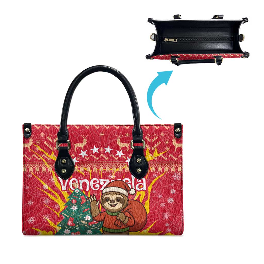 Venezuela Christmas Leather Bag with Santa Sloth Christmas Tree Stars and Red Festive - Wonder Print Shop