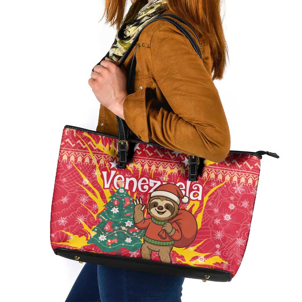 Venezuela Christmas Leather Tote Bag with Santa Sloth Christmas Tree Stars and Red Festive - Wonder Print Shop