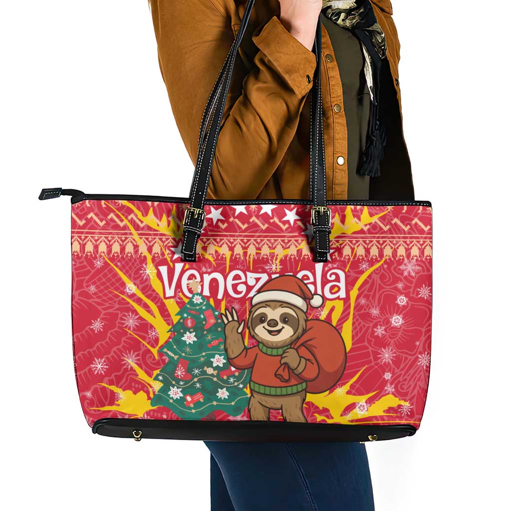 Venezuela Christmas Leather Tote Bag with Santa Sloth Christmas Tree Stars and Red Festive - Wonder Print Shop