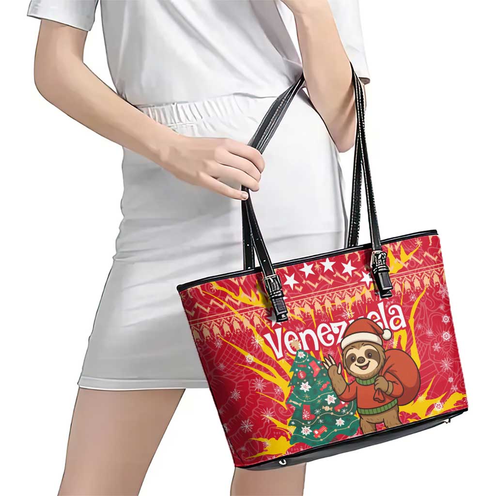 Venezuela Christmas Leather Tote Bag with Santa Sloth Christmas Tree Stars and Red Festive - Wonder Print Shop