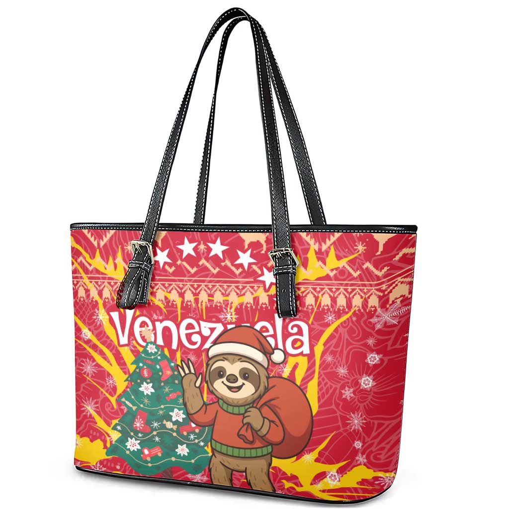 Venezuela Christmas Leather Tote Bag with Santa Sloth Christmas Tree Stars and Red Festive - Wonder Print Shop