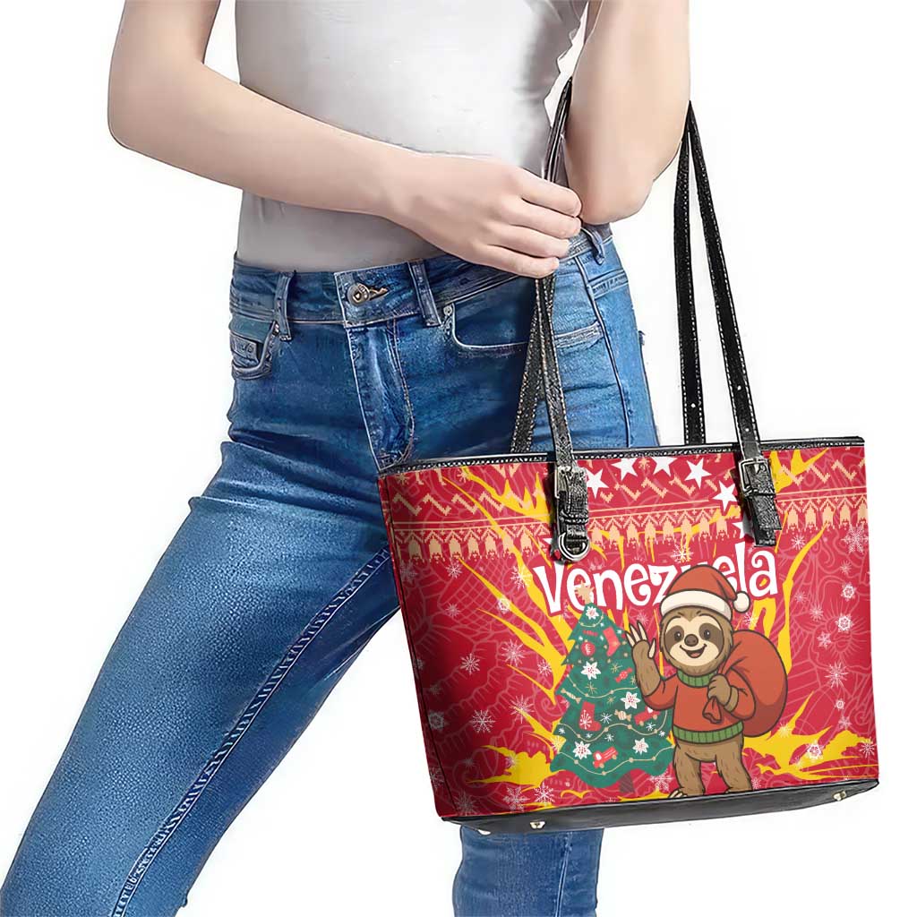 Venezuela Christmas Leather Tote Bag with Santa Sloth Christmas Tree Stars and Red Festive - Wonder Print Shop
