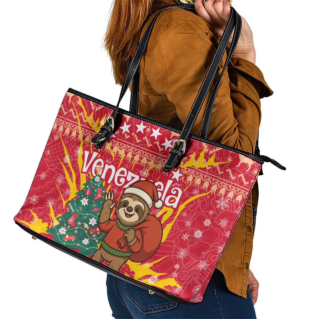 Venezuela Christmas Leather Tote Bag with Santa Sloth Christmas Tree Stars and Red Festive - Wonder Print Shop