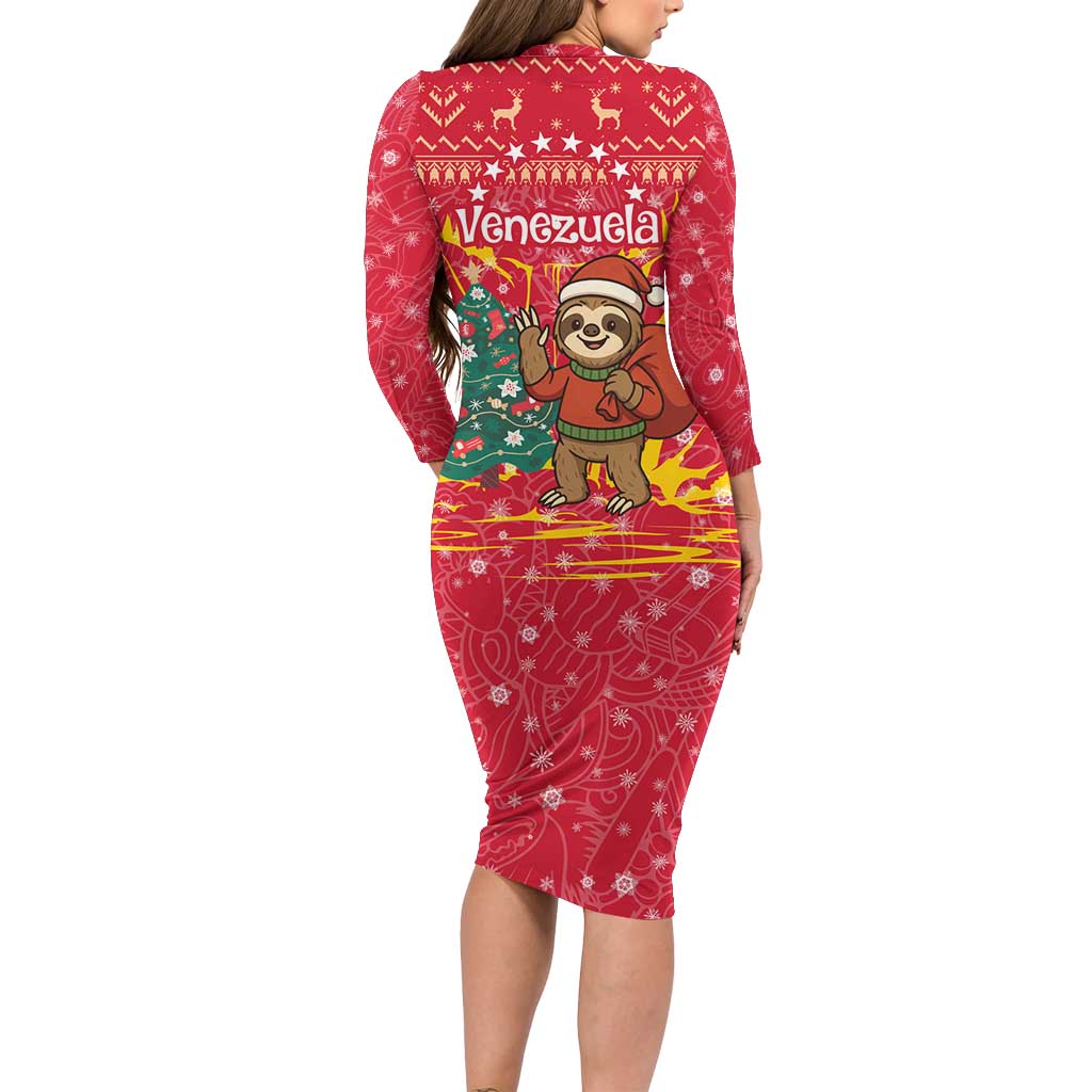 Venezuela Christmas Long Sleeve Bodycon Dress with Santa Sloth Christmas Tree Stars and Red Festive - Wonder Print Shop