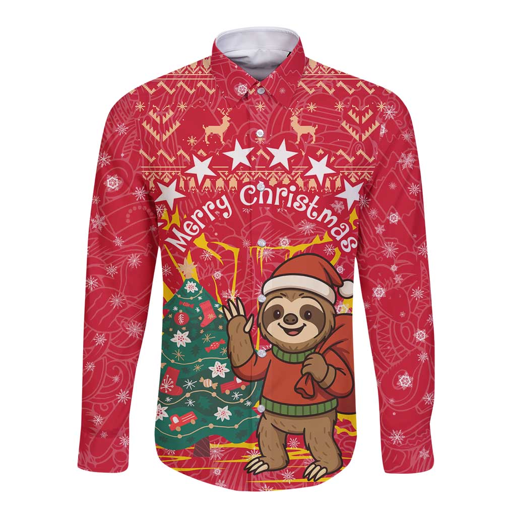 Venezuela Christmas Long Sleeve Button Shirt with Santa Sloth Christmas Tree Stars and Red Festive - Wonder Print Shop