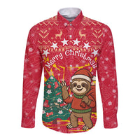 Venezuela Christmas Long Sleeve Button Shirt with Santa Sloth Christmas Tree Stars and Red Festive - Wonder Print Shop