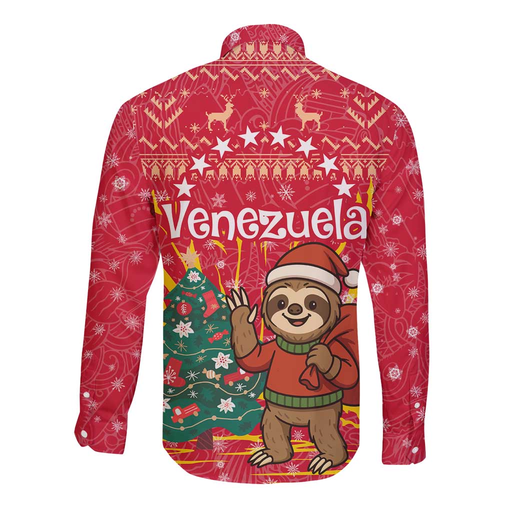 Venezuela Christmas Long Sleeve Button Shirt with Santa Sloth Christmas Tree Stars and Red Festive - Wonder Print Shop