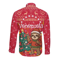 Venezuela Christmas Long Sleeve Button Shirt with Santa Sloth Christmas Tree Stars and Red Festive - Wonder Print Shop