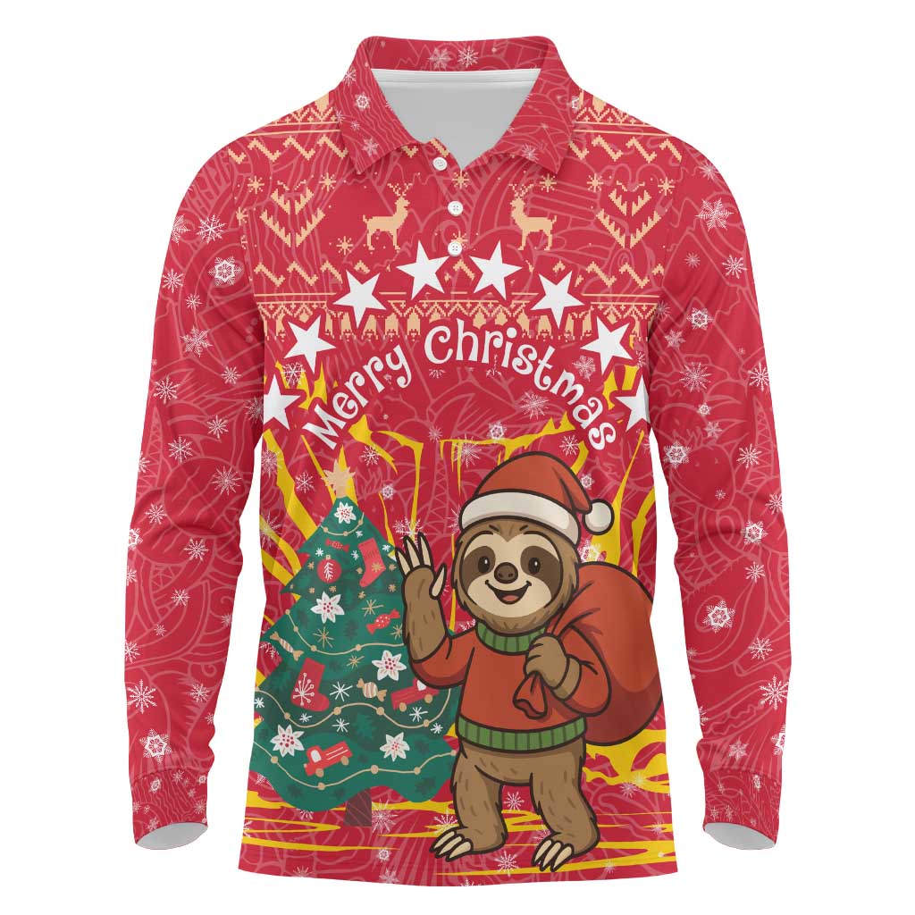 Venezuela Christmas Long Sleeve Polo Shirt with Santa Sloth Christmas Tree Stars and Red Festive - Wonder Print Shop
