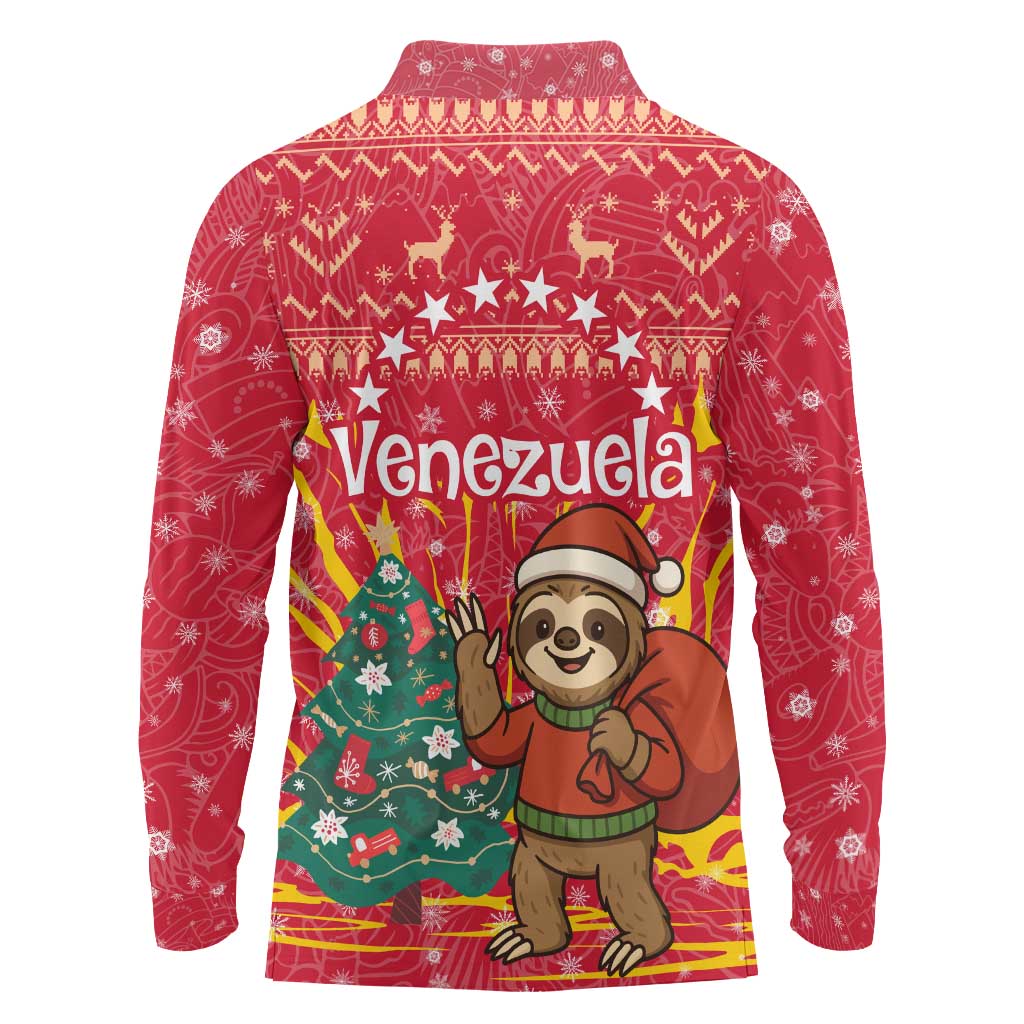 Venezuela Christmas Long Sleeve Polo Shirt with Santa Sloth Christmas Tree Stars and Red Festive - Wonder Print Shop