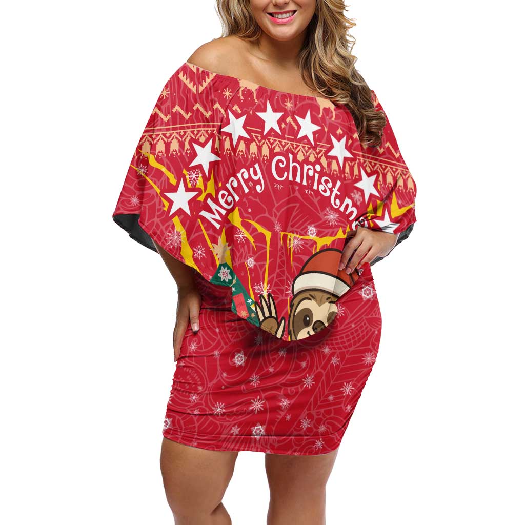 Venezuela Christmas Off Shoulder Short Dress with Santa Sloth Christmas Tree Stars and Red Festive - Wonder Print Shop