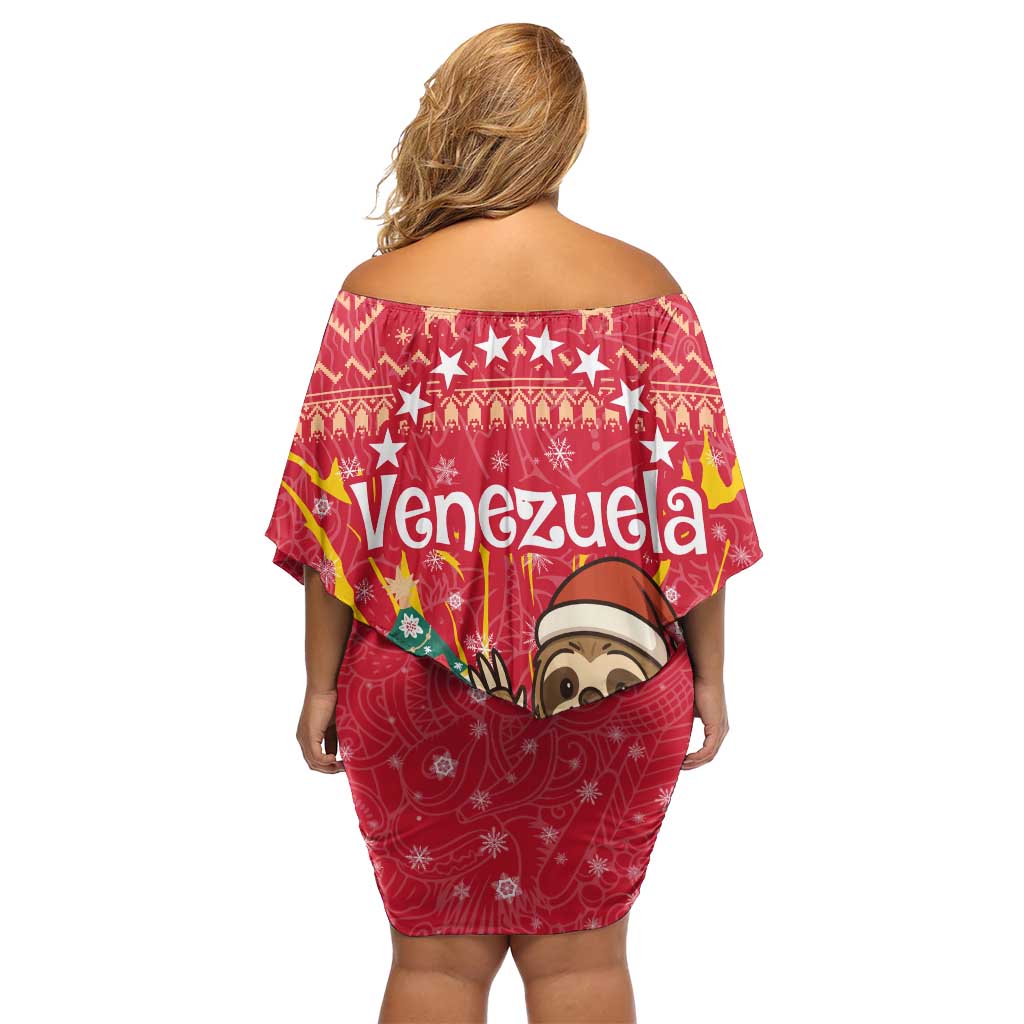Venezuela Christmas Off Shoulder Short Dress with Santa Sloth Christmas Tree Stars and Red Festive - Wonder Print Shop