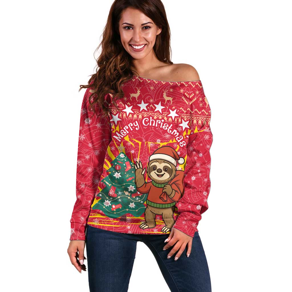 Venezuela Christmas Off Shoulder Sweater with Santa Sloth Christmas Tree Stars and Red Festive - Wonder Print Shop