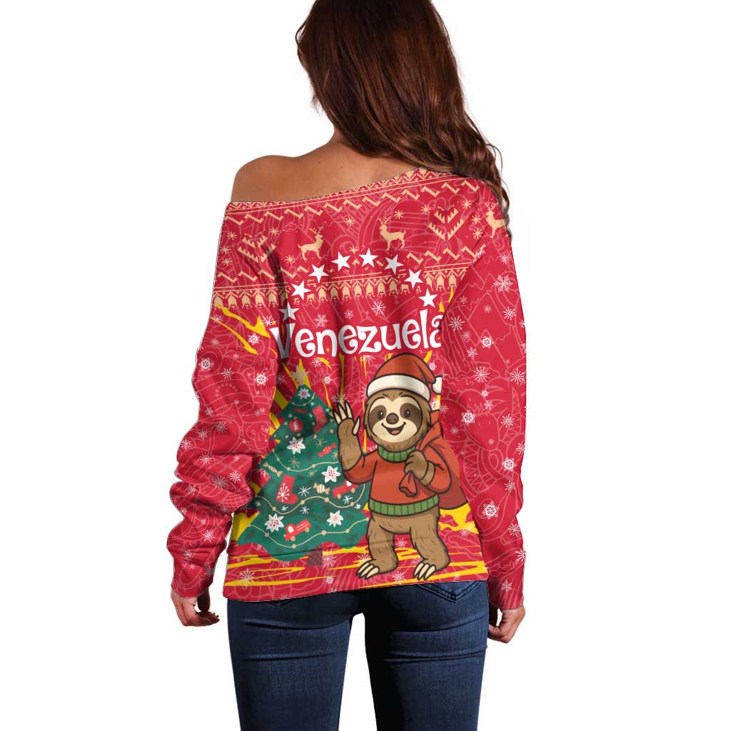 Venezuela Christmas Off Shoulder Sweater with Santa Sloth Christmas Tree Stars and Red Festive - Wonder Print Shop
