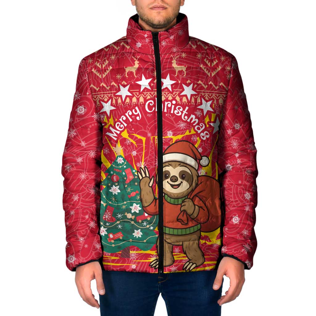 Venezuela Christmas Padded Jacket with Santa Sloth Christmas Tree Stars and Red Festive - Wonder Print Shop