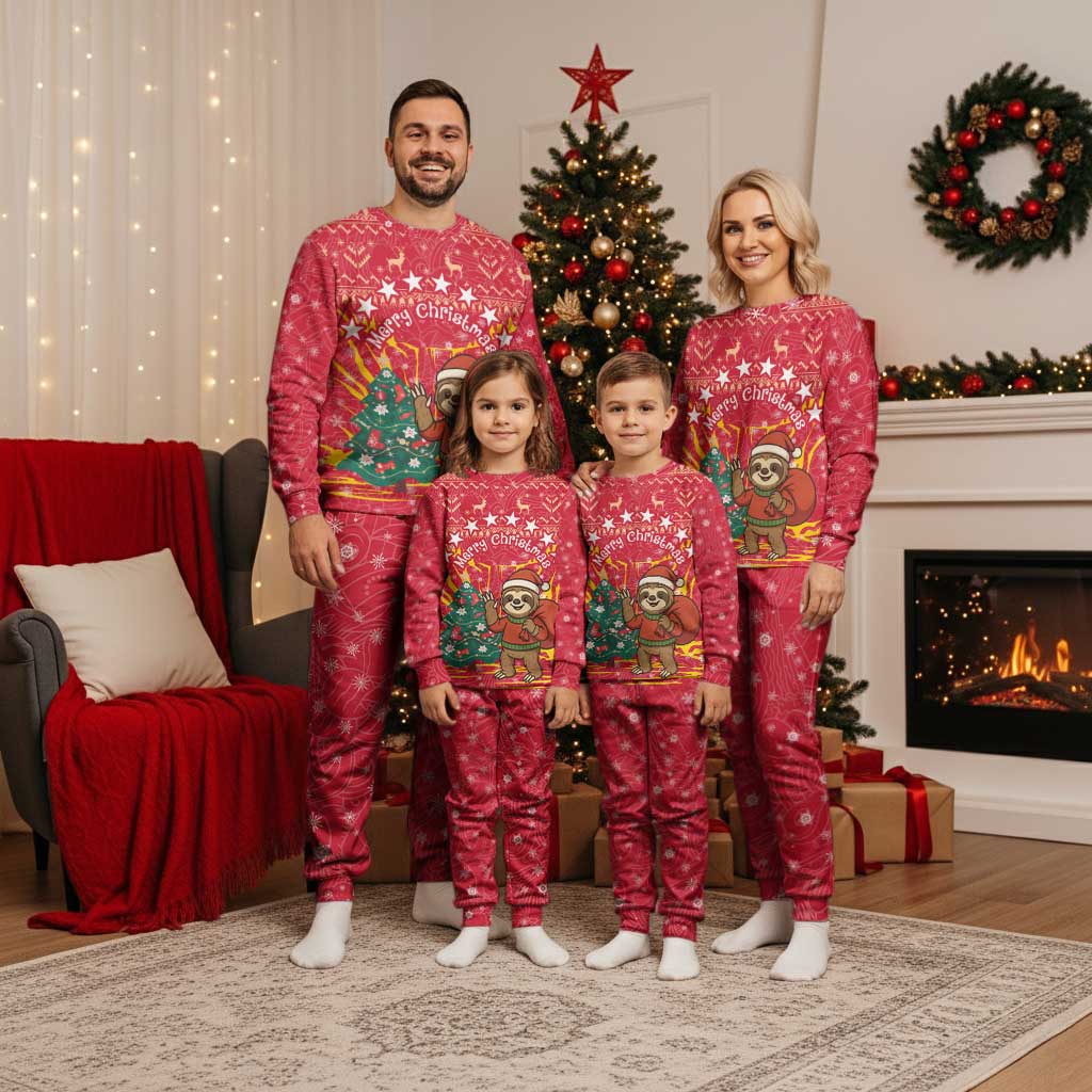 Venezuela Christmas Pajama Set with Santa Sloth Christmas Tree Stars and Red Festive - Wonder Print Shop