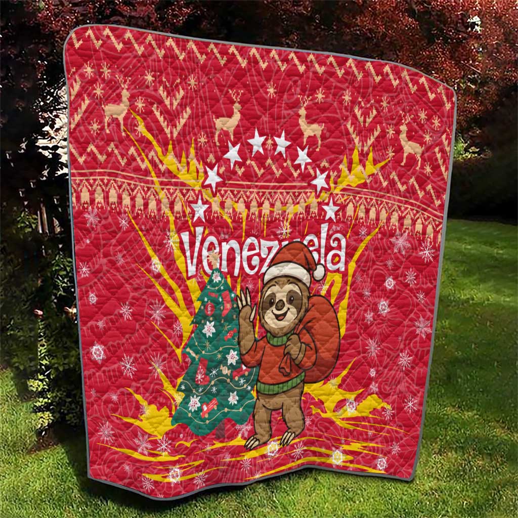 Venezuela Christmas Quilt with Santa Sloth Christmas Tree Stars and Red Festive - Wonder Print Shop