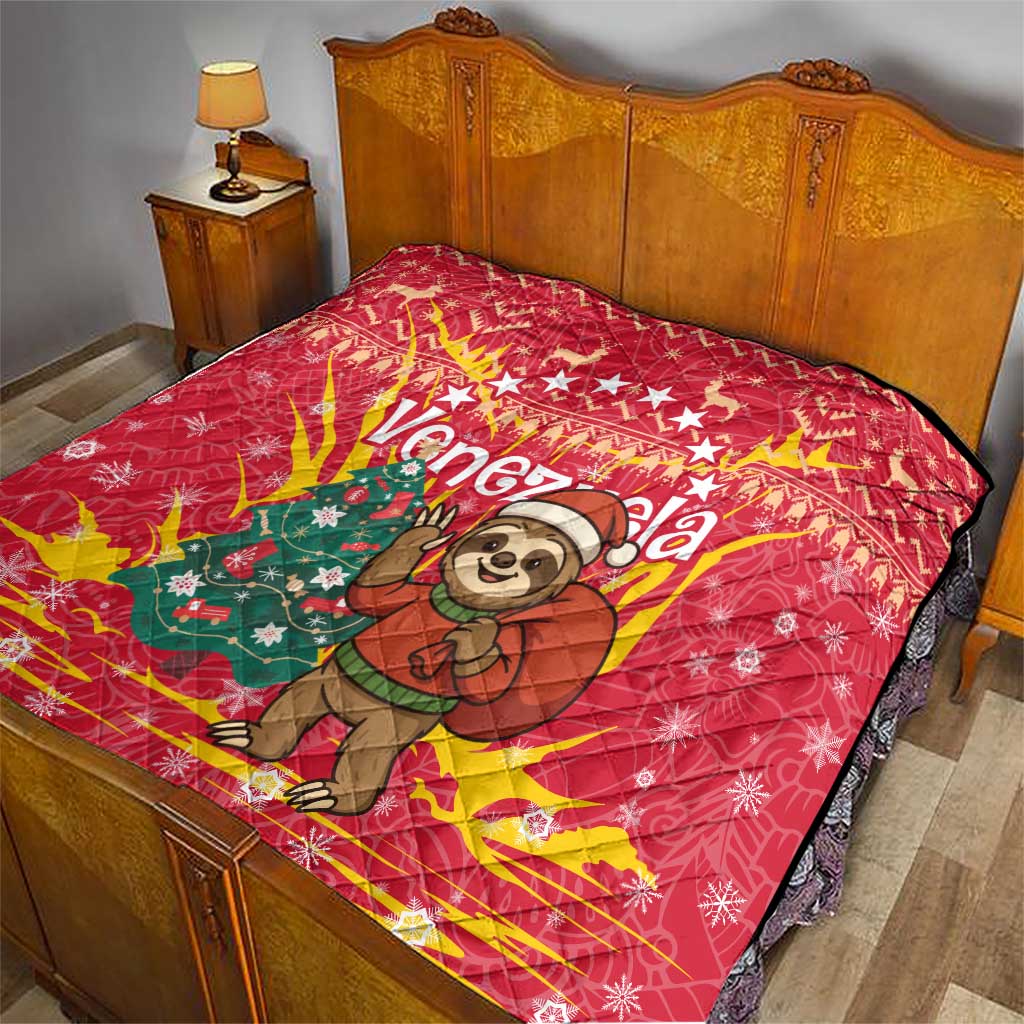 Venezuela Christmas Quilt with Santa Sloth Christmas Tree Stars and Red Festive - Wonder Print Shop