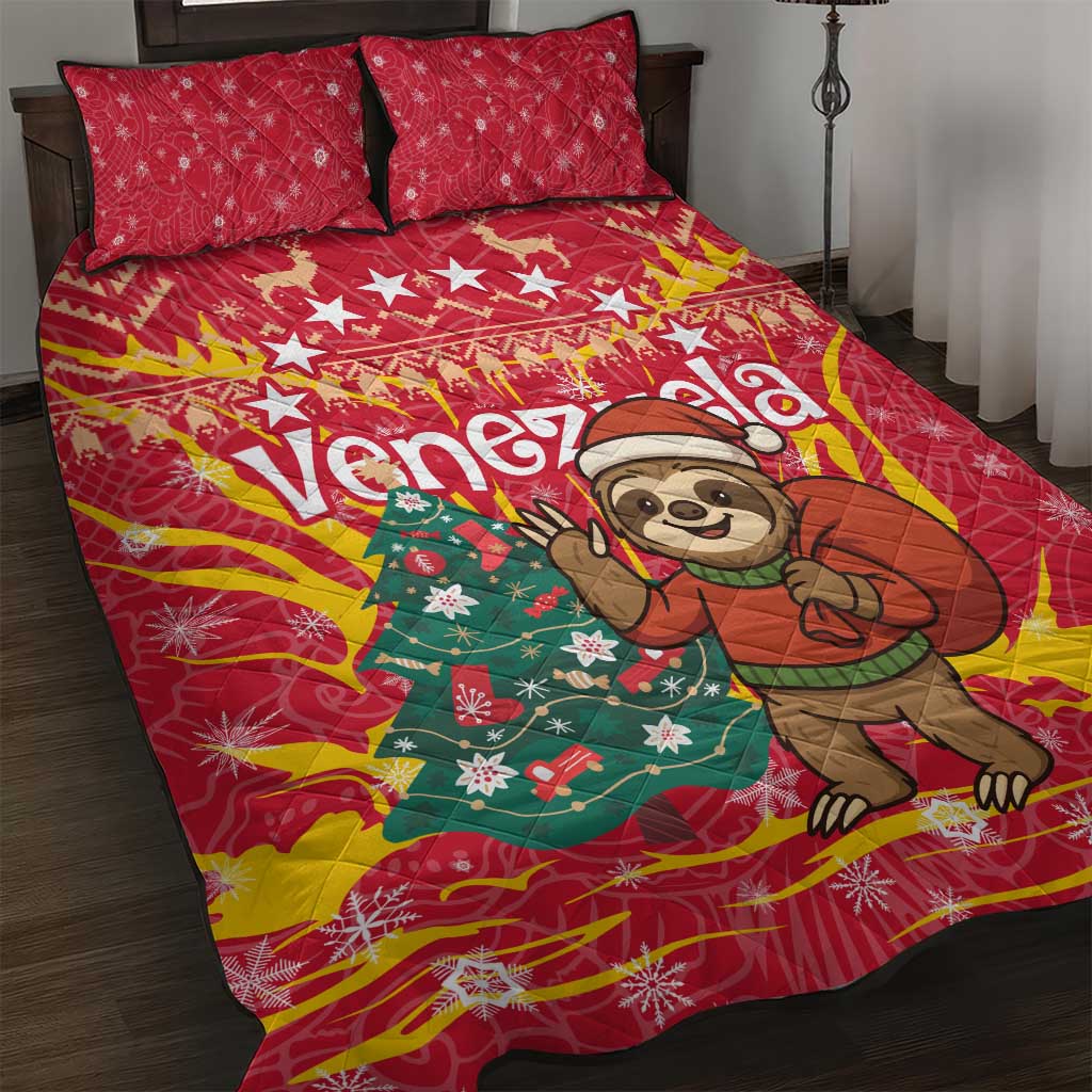 Venezuela Christmas Quilt Bed Set with Santa Sloth Christmas Tree Stars and Red Festive - Wonder Print Shop