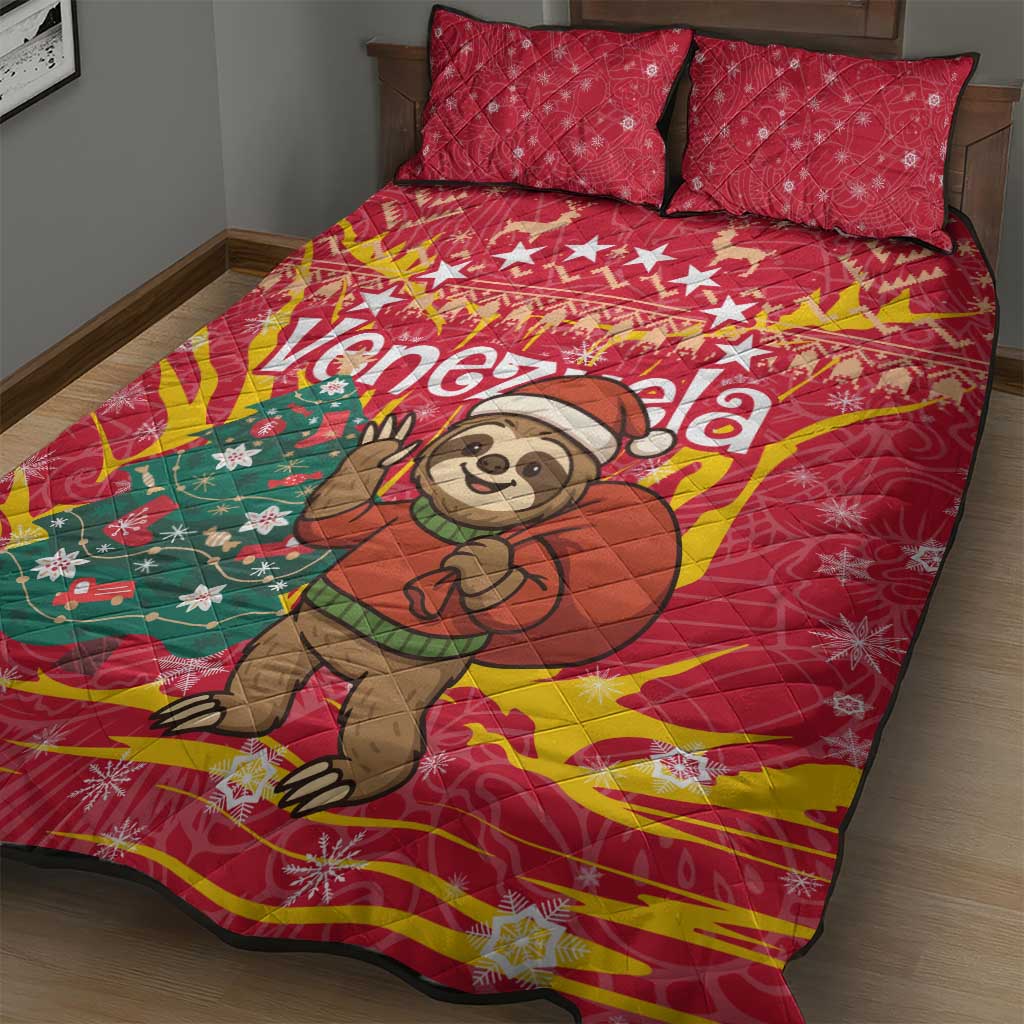 Venezuela Christmas Quilt Bed Set with Santa Sloth Christmas Tree Stars and Red Festive - Wonder Print Shop