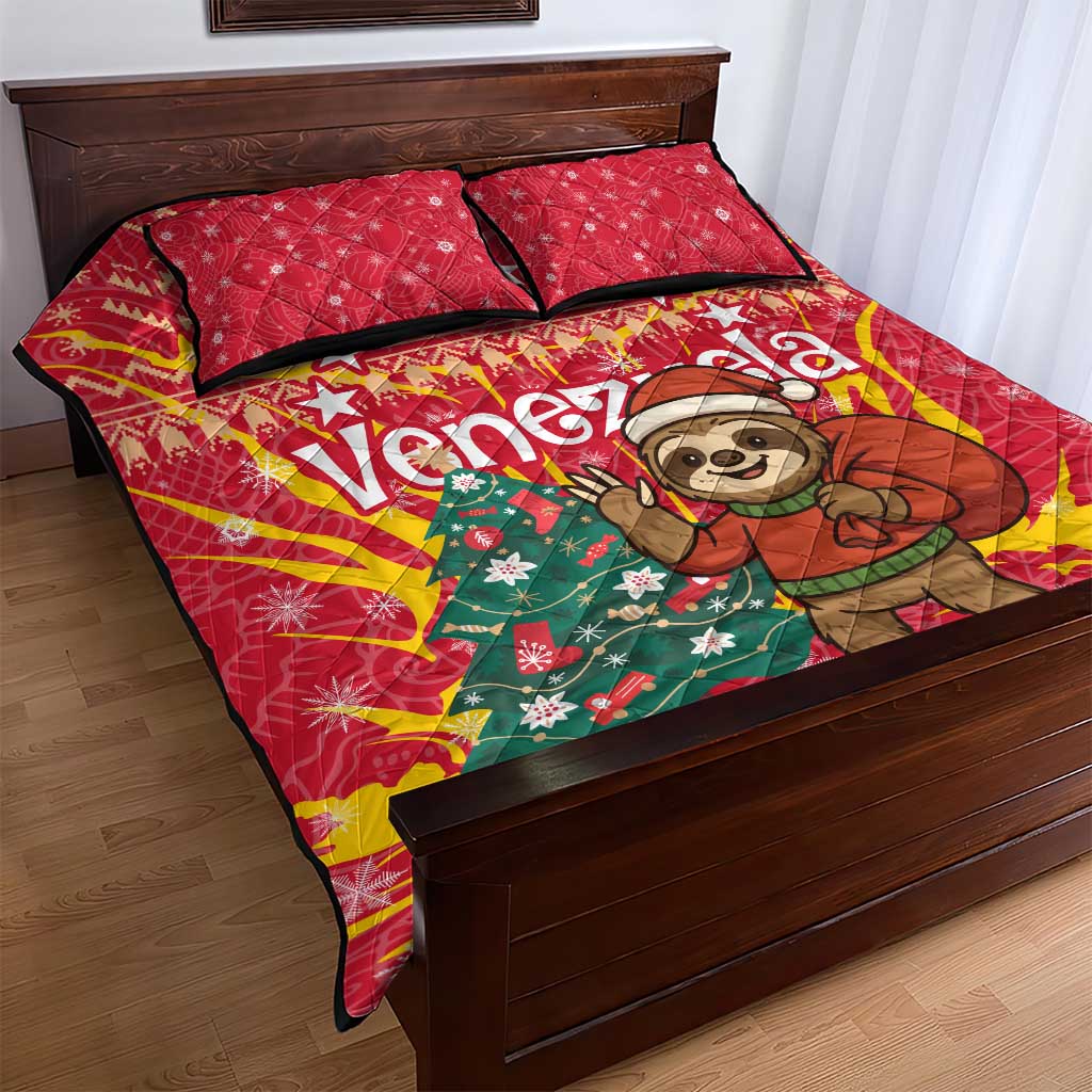Venezuela Christmas Quilt Bed Set with Santa Sloth Christmas Tree Stars and Red Festive - Wonder Print Shop