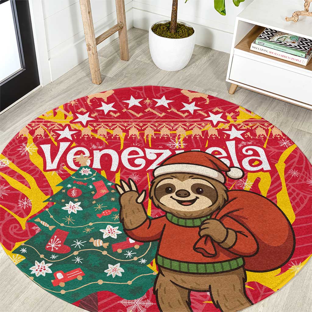 Venezuela Christmas Round Carpet with Santa Sloth Christmas Tree Stars and Red Festive - Wonder Print Shop