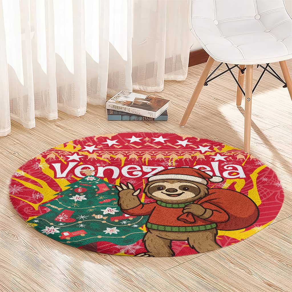 Venezuela Christmas Round Carpet with Santa Sloth Christmas Tree Stars and Red Festive - Wonder Print Shop