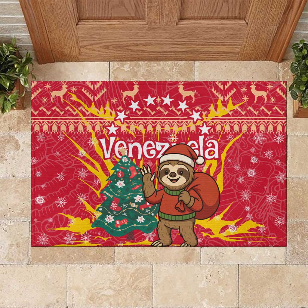 Venezuela Christmas Rubber Doormat with Santa Sloth Christmas Tree Stars and Red Festive - Wonder Print Shop