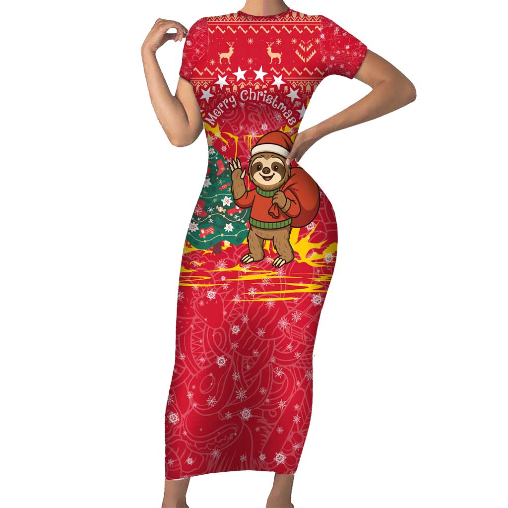 Venezuela Christmas Short Sleeve Bodycon Dress with Santa Sloth Christmas Tree Stars and Red Festive - Wonder Print Shop