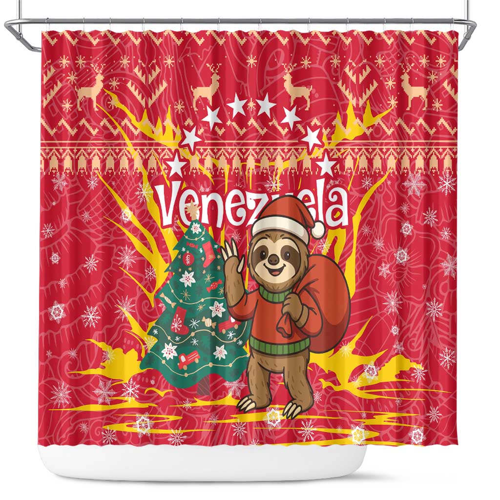 Venezuela Christmas Shower Curtain with Santa Sloth Christmas Tree Stars and Red Festive - Wonder Print Shop