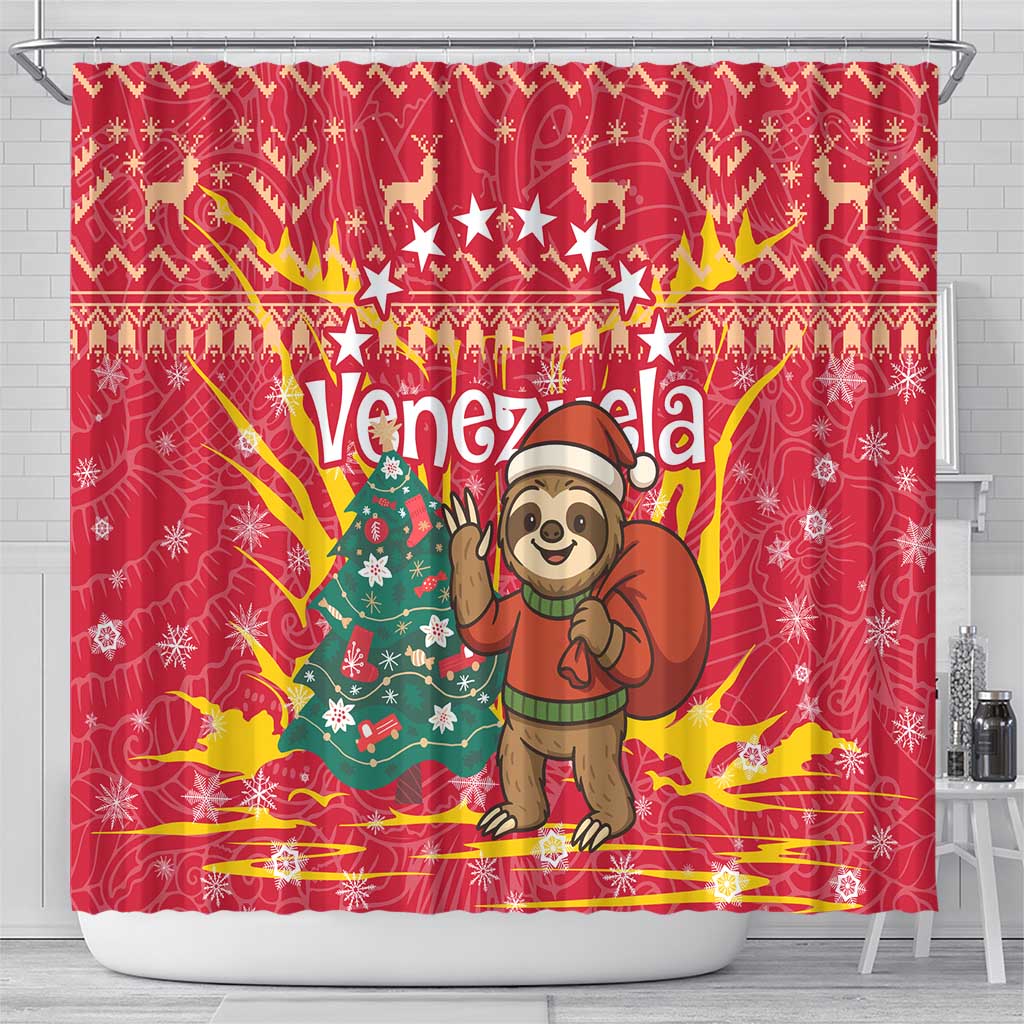 Venezuela Christmas Shower Curtain with Santa Sloth Christmas Tree Stars and Red Festive - Wonder Print Shop