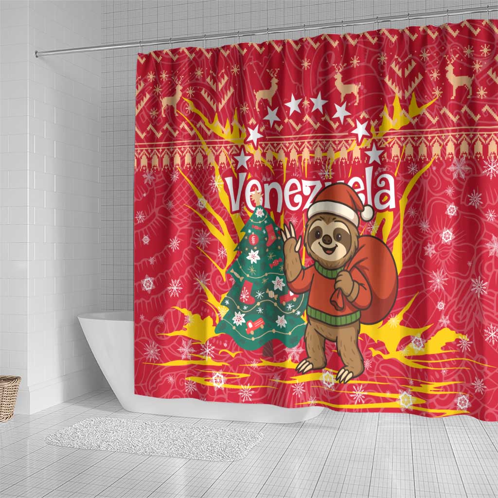 Venezuela Christmas Shower Curtain with Santa Sloth Christmas Tree Stars and Red Festive - Wonder Print Shop