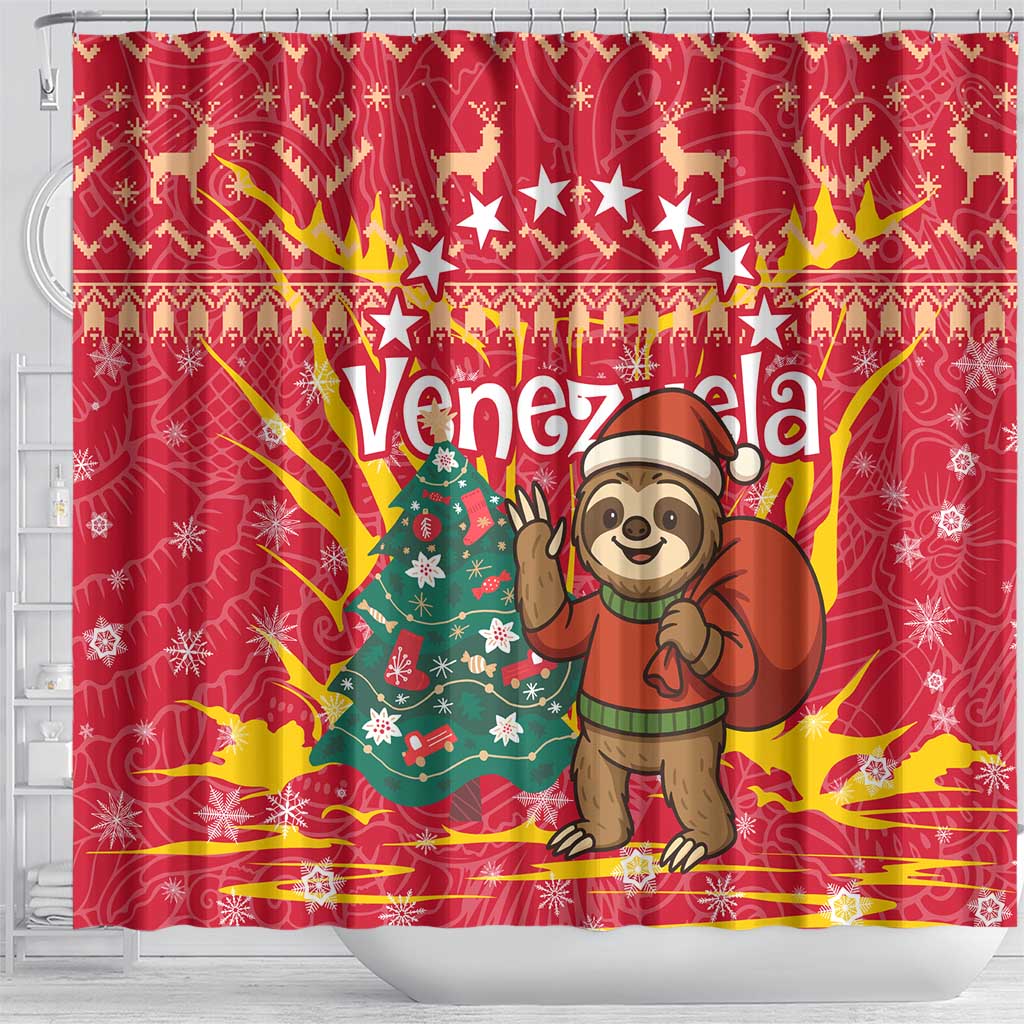 Venezuela Christmas Shower Curtain with Santa Sloth Christmas Tree Stars and Red Festive - Wonder Print Shop