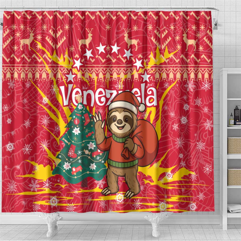Venezuela Christmas Shower Curtain with Santa Sloth Christmas Tree Stars and Red Festive - Wonder Print Shop