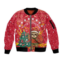 Venezuela Christmas Sleeve Zip Bomber Jacket with Santa Sloth Christmas Tree Stars and Red Festive - Wonder Print Shop
