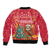 Venezuela Christmas Sleeve Zip Bomber Jacket with Santa Sloth Christmas Tree Stars and Red Festive - Wonder Print Shop