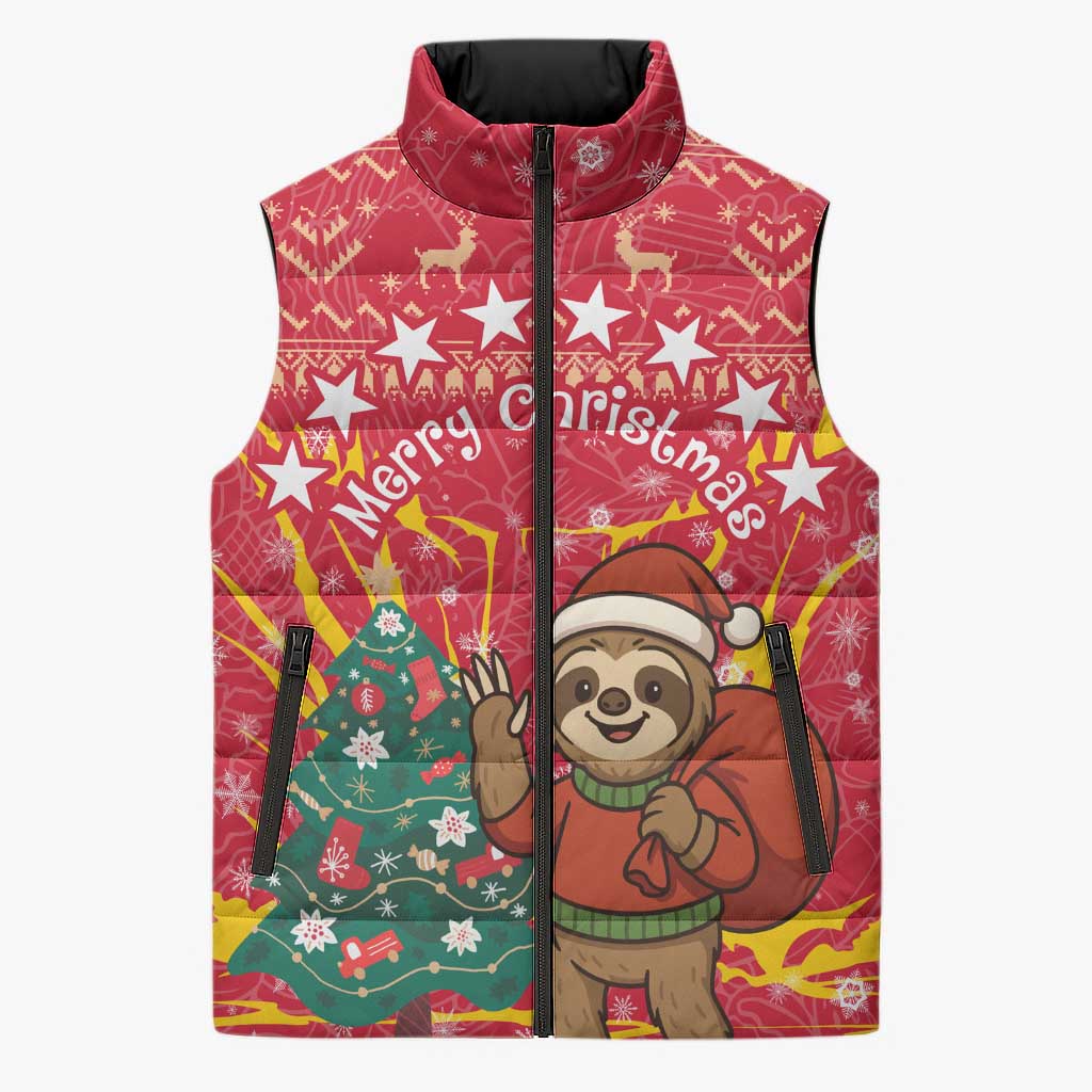 Venezuela Christmas Sleeveless Puffer Jacket with Santa Sloth Christmas Tree Stars and Red Festive - Wonder Print Shop
