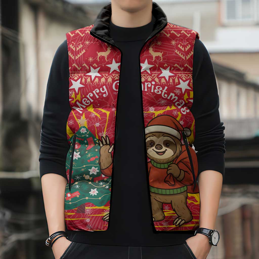 Venezuela Christmas Sleeveless Puffer Jacket with Santa Sloth Christmas Tree Stars and Red Festive - Wonder Print Shop
